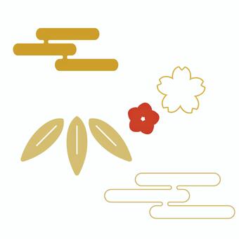 和風年賀状用パーツ　竹梅桜　白背景 竹,雲,花柄,和風,年賀状,パーツ,白背景,デコレーション,アイコン,日本のイラスト素材