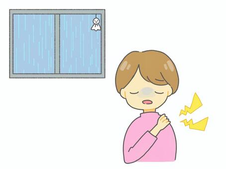 天気痛の女性 天気痛,気象病,肩こり,関節痛,首痛,病気,体調不良,痛い,疾患,人物のイラスト素材