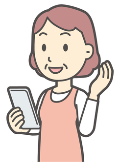  スマホを持ちながら会話する中年の女性 スマホ,おばさん,人,女性,中年,おばちゃん,シニア,ママ,主婦,ヘルパーのイラスト素材