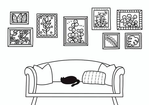 植物の絵が飾られている部屋の塗り絵 塗り絵,絵画,線画,趣味,娯楽,アート,額縁,植物,ソファ,人物無しのイラスト素材