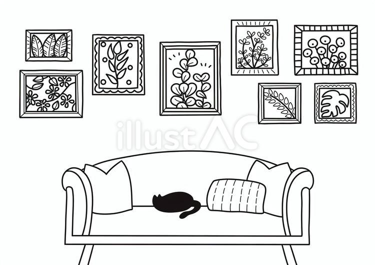 植物の絵が飾られている部屋の塗り絵 塗り絵,絵画,線画のイラスト素材
