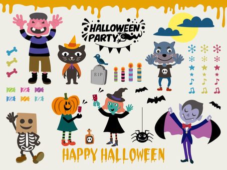 ハロウィン素材-12 ハロウィン,秋,10月,素材,ゴブリン,黒猫,猫,お墓,カラス,オオカミ男のイラスト素材