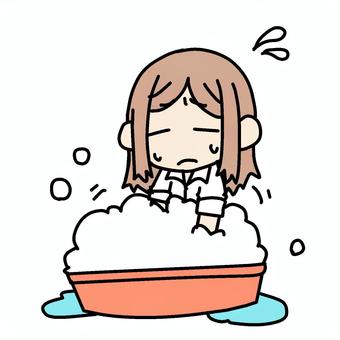 焦ってたらいを泡立てる女性 女性,たらい,焦る,泡立てる,バケツ,洗濯,手洗い,もこもこ,シャンプー,清潔のイラスト素材