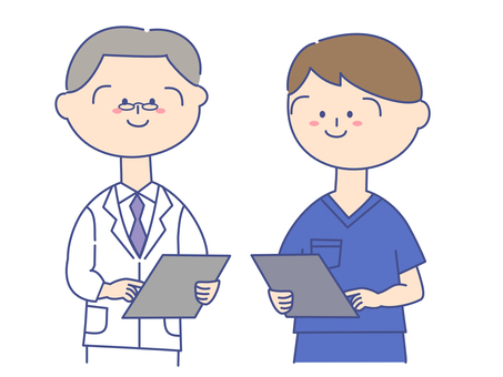 スクラブを着た男性⑨医師と話す 男性,医師,先生,看護師,白衣,おじいさん,検診,問診,バインダー,診断書のイラスト素材