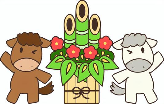 馬と門松のイラスト 馬,白馬,仔馬,門松,午,かわいい,正月,アイコン,競馬,デフォルメのイラスト素材