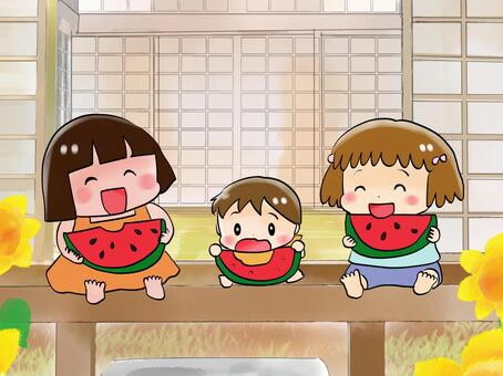 Illustration, watermelon, children, eat, JPG and PNG