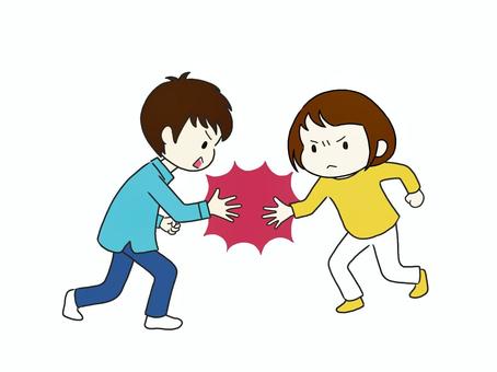じゃんけんをする男女 じゃんけん,真剣,あいこ,男女,勝負,闘い,青,黄色,パー,勝敗のイラスト素材