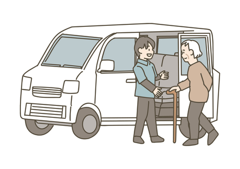 送迎サービスで高齢者を迎える介護士 送迎,お迎え,介護士,介護,介助,ヘルパー,ケア,福祉,高齢者,利用者のイラスト素材