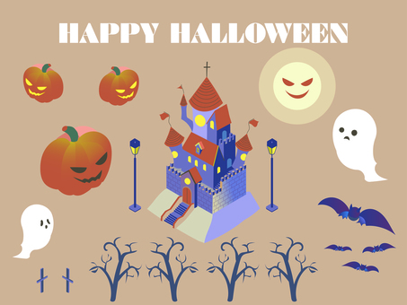 【アイソメトリック】ハロウィンセット 秋,ハロウィン,イベント,城,おばけ,カボチャ,墓地,満月,かわいい,アイソメトリックのイラスト素材