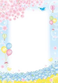 桜菜の花とネモフィラ畑のカード(たて)