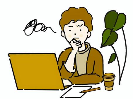 パソコン作業中に考える若い男性④ パソコン,考える,会社員,悩む,混乱,困る,ぐるぐる,思考,会社,働くのイラスト素材