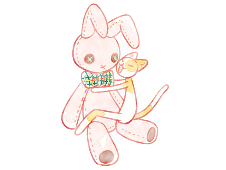 うさぎのぬいぐるみ猫 猫,可愛い,うさぎ,ぬいぐるみ,大きい,抱きつく,水彩風のイラスト素材