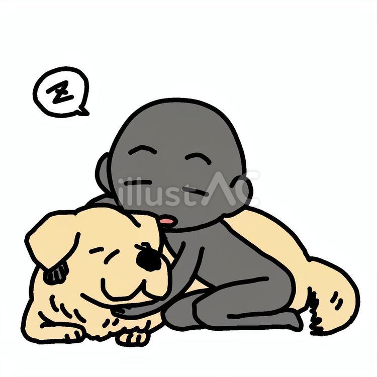 大型犬を抱いて眠るシルエット人物 シルエット,大型犬,抱くのイラスト素材