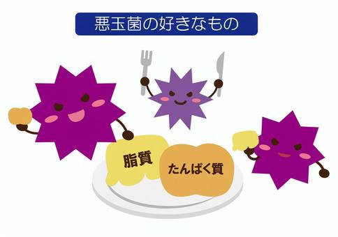 悪玉菌の好きなもの 線なし 悪玉菌の好きなもの 線なし 悪玉菌,好物,腸内細菌,脂質,たんぱく質,腸活,美容,健康,ダイエット,便秘のイラスト素材