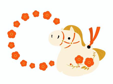 かわいい馬と花の和風な年賀状フレーム2 午年,午,2026年,2026,馬,馬年,年賀状,お正月,１月,冬のイラスト素材