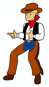 カウボーイ　イラスト カウボーイ,指鉄砲,茶色,カウボーイハット,赤色,スカーフ,背景,色なしのイラスト素材