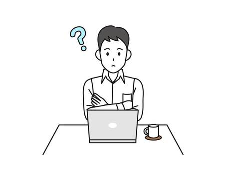パソコンの前で考える男性のイラスト パソコンの前で考える男性のイラスト パソコン,疑問,考えるのイラスト素材