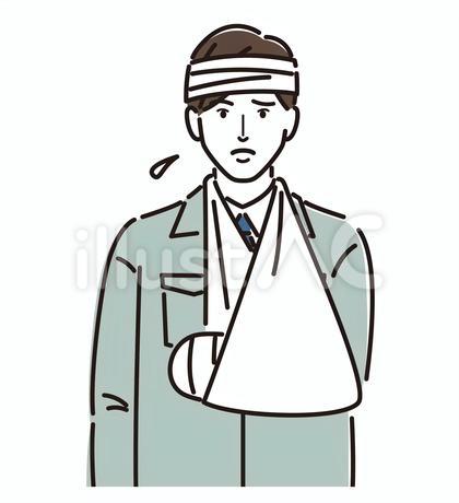 頭と腕に包帯をしている作業着の男性