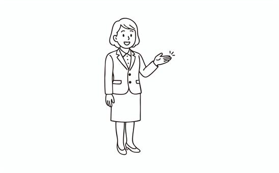 笑顔で案内をするスーツの女性のイラスト 人物,女性,説明,手,ポーズ,ビジネスマン,スーツ,案内する,こちらのポーズ,ガイドのイラスト素材