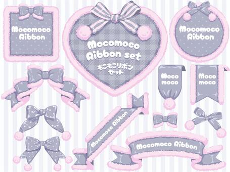 モコモコリボンセット grey pink リボン,もこもこ,ふわふわ,ポンポン,ファー,ボア,マフラー,フレーム,もふもふ,ドットのイラスト素材