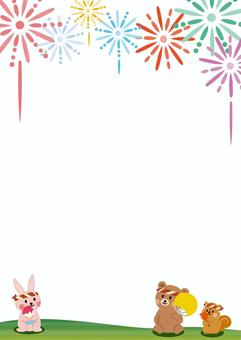 花火を見る動物たち（前）縦（背景なし） 花火,動物,うさぎ,くま,りす,祭り,正面,笑顔,りんご飴,うちわのイラスト素材