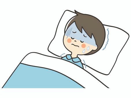 体調不良で寝込む男の子 風邪,熱,発熱,病気,寝込む,寝苦しい,うなされる,苦しい,しんどい,寒いのイラスト素材