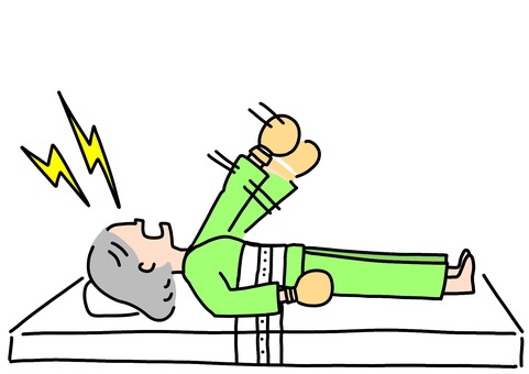 体幹ミトン抑制された女性患者　カラー ミトン,抑制,体幹,ベッド,入院,病衣,精神科,カラーのイラスト素材