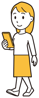  ロングヘア女性(黄)-227-全身 スマホ,女性,女の子,人物,かわいい,携帯電話,モバイル,アプリ,スマートフォン,ウォーキングのイラスト素材