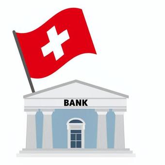 スイス銀行 銀行,柱,窓,扉,旗,十字,文字,英語,灰色,白色のイラスト素材