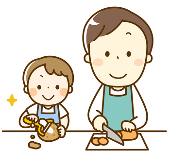 並んで料理を楽しむお父さんと子ども 料理,人物,家事,食事,準備,包丁,にんじん,じゃがいも,ピーラー,お手伝いのイラスト素材