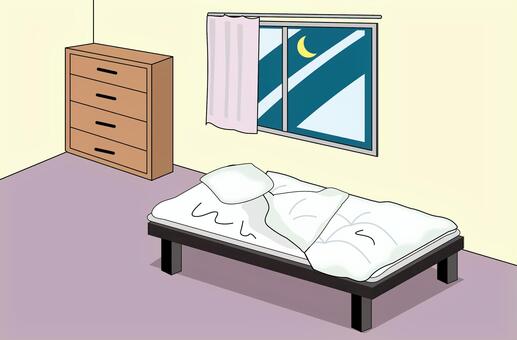 部屋ベッド　 部屋,夜,ベッド,乱れる,窓,月,カーテン,タンス,室内,自宅のイラスト素材