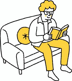 ソファーで本を読むメガネの男性 ソファー,本,読む,読書,メガネ,男性,一人暮らし,趣味,好き,休日のイラスト素材