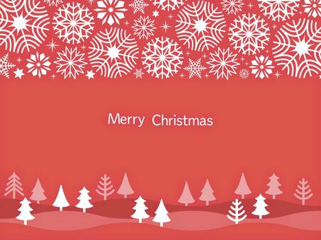 雪と木のクリスマスカード背景赤色 クリスマス,背景,赤,冬,フレーム,クリスマスツリー,雪の結晶,メリークリスマス,おしゃれ,手描きのイラスト素材