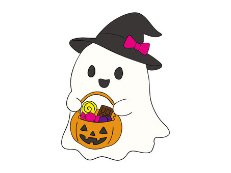 お菓子をもらうハロウィンのおばけ ハロウィン,おばけ,お化け,ゴースト,幽霊,トリックオアトリート,トリックオアトリック,仮装,魔女,魔女の帽子のイラスト素材