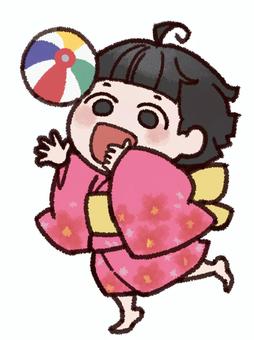 紙風船で遊ぶ座敷童のイラスト・縁起物 ざしきわらし,精霊,妖怪,紙風船,和風,縁起物,赤い着物,伝承,遊ぶ,子どものイラスト素材