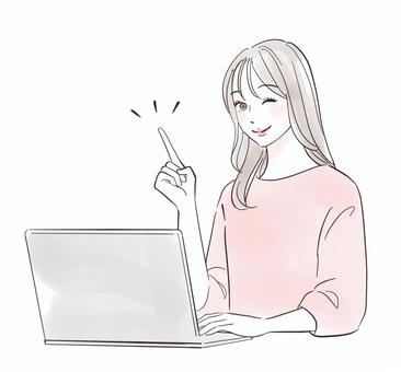 指差ししながらパソコンを使う女性 女性,パソコン,操作,笑顔,嬉しい,楽しい,20代,30代,若い,人物のイラスト素材