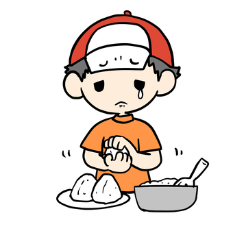 おにぎりを握る泣く少年 小学生,おにぎり,握る,泣く,涙,悲しい,不満,不安,つらい,やりたくないのイラスト素材