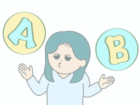 2つを比較するおどけた顔の女性 淡い色 2択,a,b,比較,どっち,どちらか,比べる,天秤,選択肢,パターンのイラスト素材