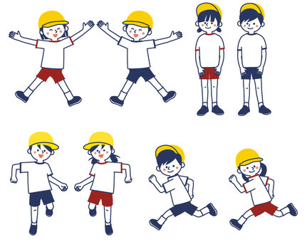 体操服の子どもセット 体操服の子どもセット 園児,子ども,幼稚園児,保育園児,小学生,体操服,帽子,セット,男の子,女の子のイラスト素材
