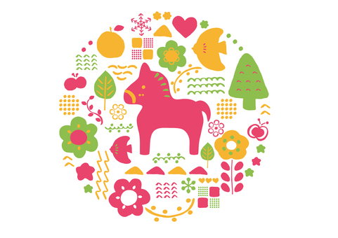 北欧風馬と自然の明るいロゴイラスト 北欧風,馬,午,午年,2026,年賀状,年賀,洋風,カジュアル,2026年のイラスト素材