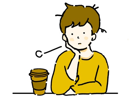 珈琲を飲みながらため息を付く若い男性茶 考える,男性,人物,珈琲,コーヒー,一息,ひと息,ため息,ぼんやり,悩むのイラスト素材