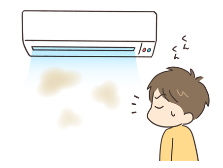 エアコンの風の匂いが気になる男性 エアコン,エアコンクリーニング,臭い,クーラー,匂い,カビ,ほこり,冷房,空調,掃除のイラスト素材