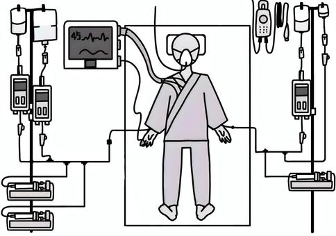 大量の点滴とズボンの患者 白黒 大量の点滴とズボンの患者 白黒 大量,点滴,シリンジポンプ,治療,入院,患者,心電図,モニター,ベッド,ナースコールのイラスト素材