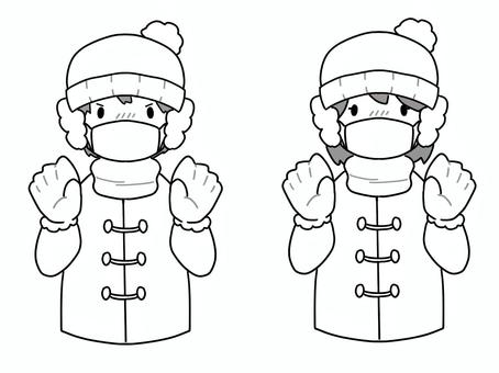 防寒、風邪予防をする 人物,男の子,女の子,防寒,風邪予防,マスク,手袋,帽子,耳当て,冬のイラスト素材