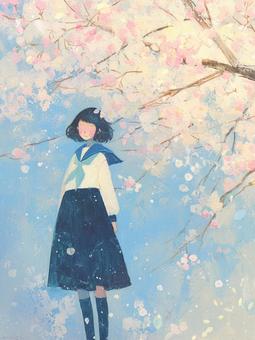 Illustration, cherry blossoms, flower, girl, 