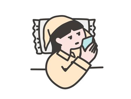 寝ながらスマホを見る女性 寝る,睡眠,寝る前,スマホ,携帯,女性,携帯電話,スマートフォン,パジャマ,帽子のイラスト素材