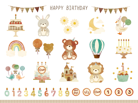 お祝いの素材セット03誕生日 誕生日,お祝い,かわいい,おしゃれ,ナチュラル,素材,挿絵,モチーフ,バナー,フリーのイラスト素材