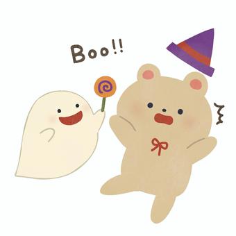 ハロウィンおばけに驚くくま ハロウィン,くま,おばけ,帽子,驚く,驚かす,動物,キャンディ,秋,びっくりのイラスト素材