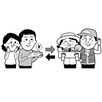 ふるさと納税01_モノクロ 日本人,男性,女性,ふるさと納税,ふるさと,自治体,納税,税金,納税制度,寄付のイラスト素材