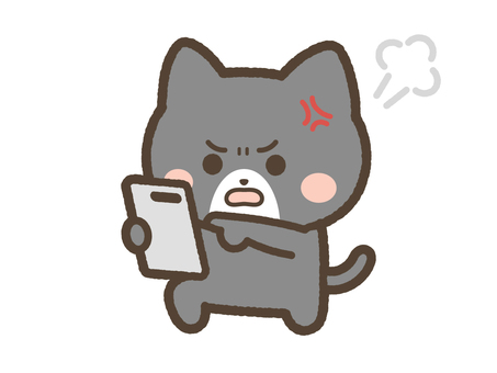 スマホの画面を見て怒るねこ（黒ネコ） ねこ,スマホ,怒る,激怒,携帯,スマートフォン,日常,表情,かわいい,ゆるいのイラスト素材
